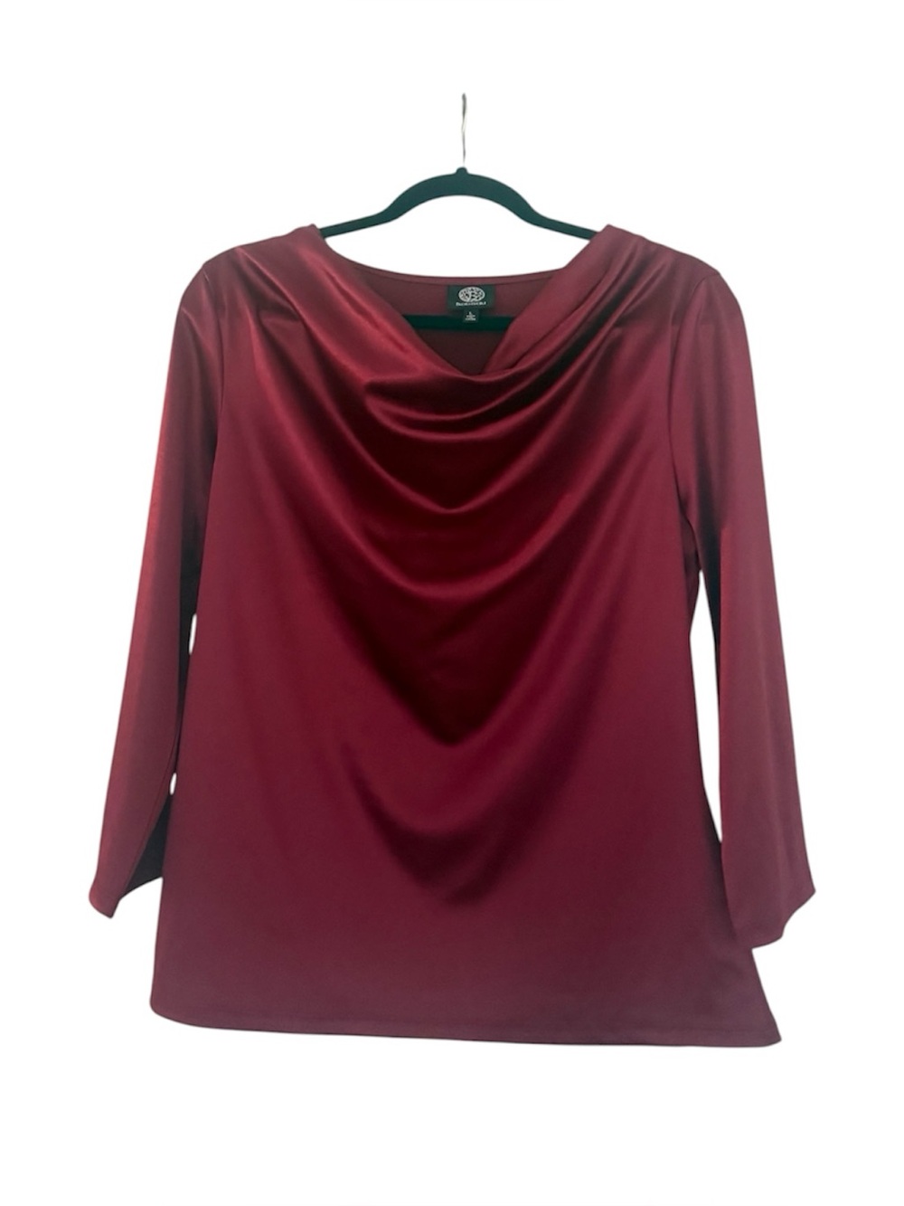 NWOT Bobeau Cowl Neck Blouse 3/4 Sleeve Shiny Metallic Top Size Large Wine Red